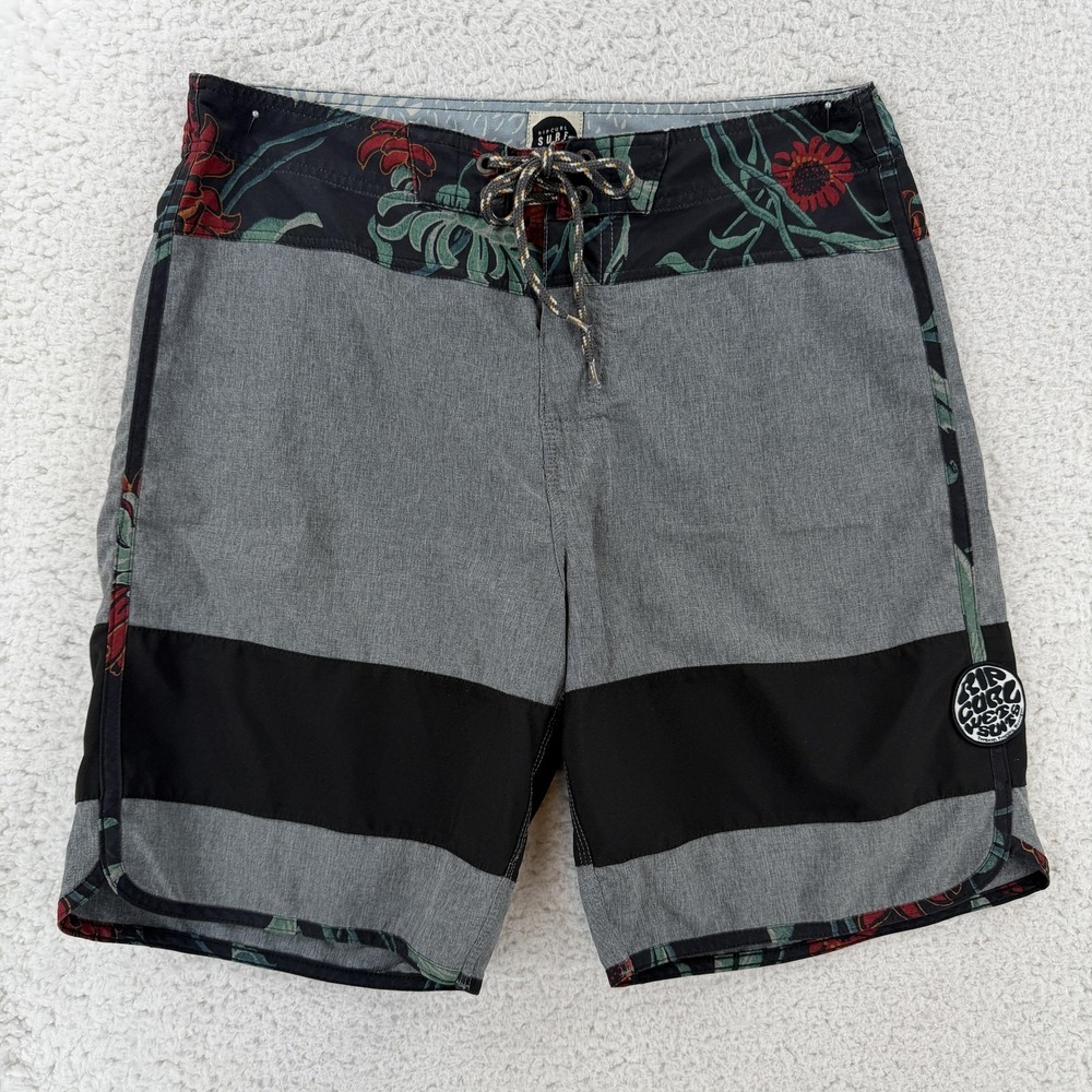 Rip Curl Board Shorts Mens 31 Gray Colorblock Floral Surf Craft Trunks Beach